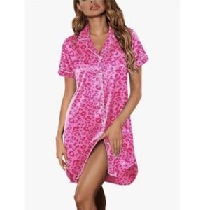 New! Ekouaer Pink Leopard Print Satin Sleepshirt